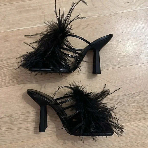 Zara Black Feather Trim Square-Toe Heel Mules - Picture 3 of 5